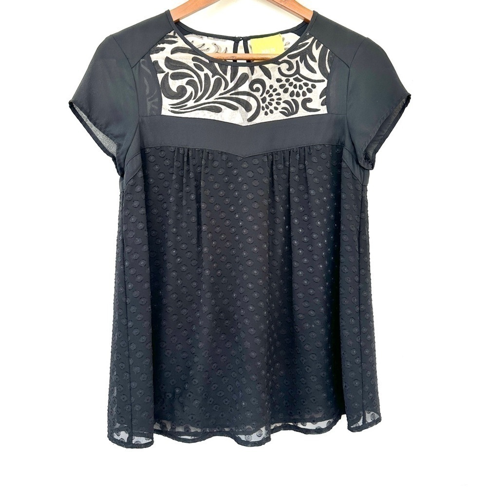 Maeve top with crew neck, short sleeves, sheer  over-layer, flocking, loose fit